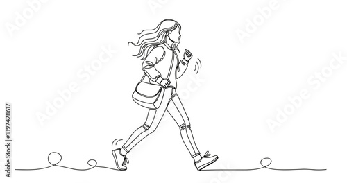 Line art of female teen running with bag. Non editable stroke