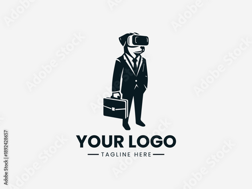 Professional dog wearing virtual reality headset representing modern job seeking and future career skills in black vector logo illustration