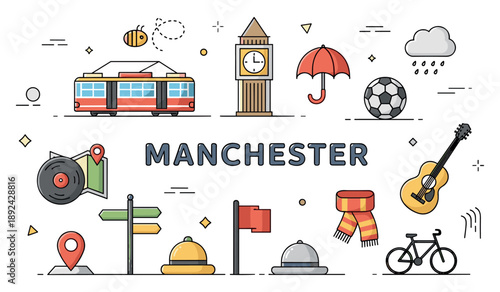 Manchester icons: tram, big ben, umbrella, football, and more in vector art