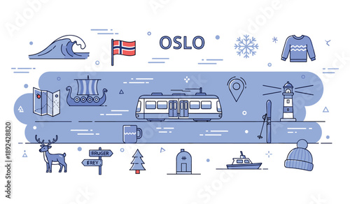 Oslo travel icons featuring train, norwegian flag, and winter elements