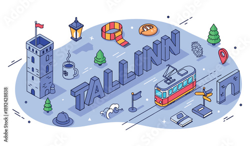 Tallinn winter scene with tram and historic tower in blue tones