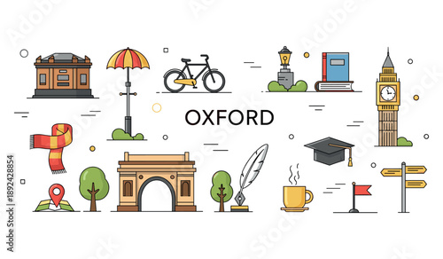 Oxford landmarks and symbols collection with big ben and bicycle