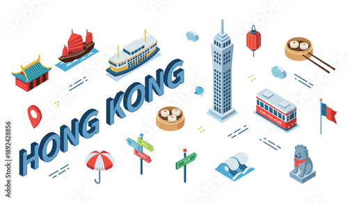 Hong kong landmarks and culture: icons, transport, and cuisine in isometric design