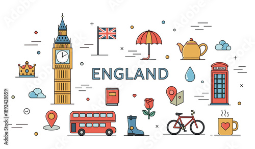 Iconic symbols of england: big ben, red bus, tea, and more