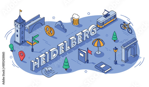 Heidelberg city symbols with tram, castle, and nature elements illustrated