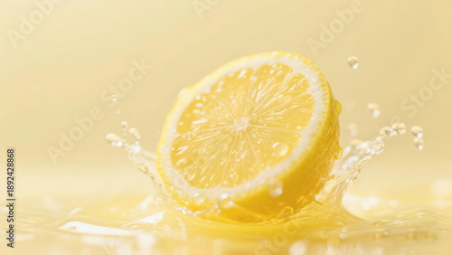 Close up of a ripe yellow lemon slice falling into liquid creating a dynamic water splash and droplets on a soft yellow background or citrus juice
