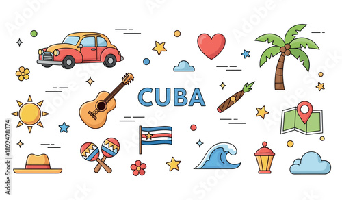 Colorful cuban symbols: car, guitar, maracas, flag, and more