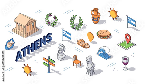 Athens icons: greek culture and landmarks in isometric design