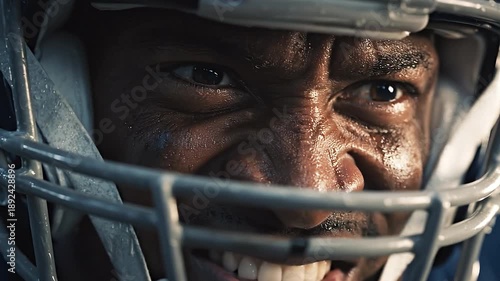 Intense Close-Up of Football Player's Eye Behind Helmet with Sweat and Dirt, Highlighting Focus and Determination