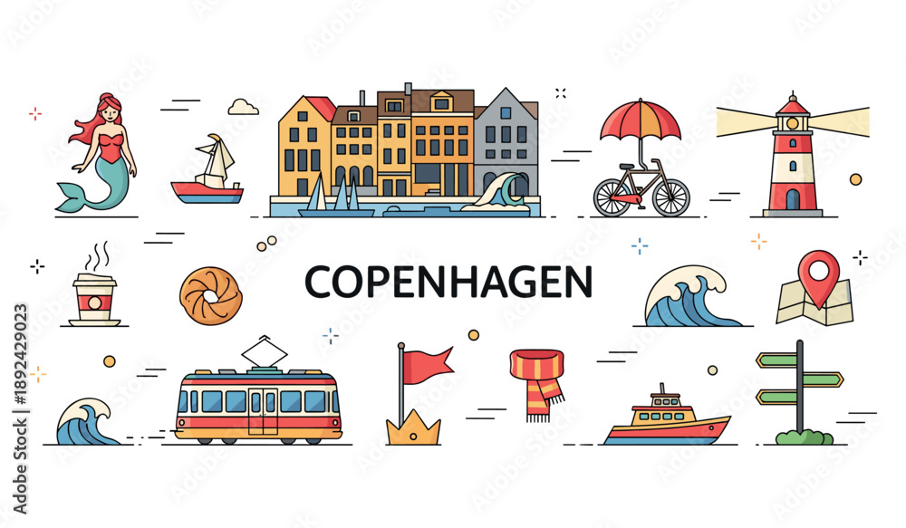Obraz premium Copenhagen landmarks and icons: bicycle, mermaid, tram, lighthouse, waves