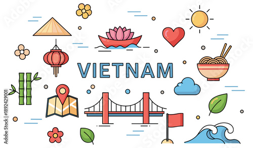 Vietnam icons: lotus, lanterns, and landmark bridge illustrations