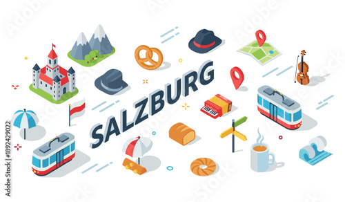 Salzburg isometric illustration: trams, landmarks, and traditional icons