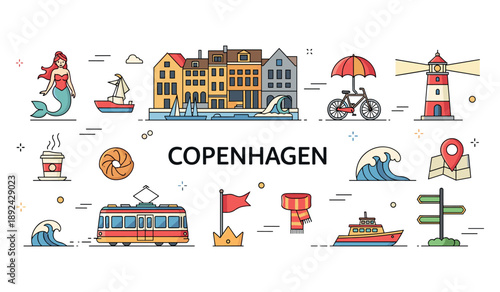 Copenhagen landmarks and icons: bicycle, mermaid, tram, lighthouse, waves