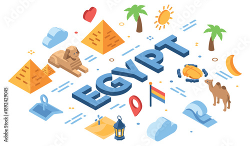 Isometric illustration of egyptian symbols: pyramids, sphinx, camel, palm trees