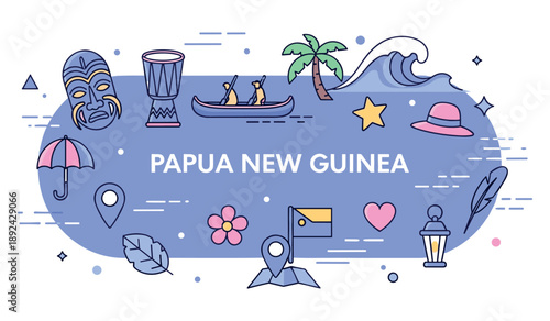Papua new guinea travel icons: canoe, mask, wave, map symbols for leisure and adventure