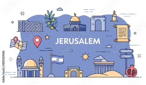 Colorful illustration of jerusalem landmarks featuring dome of the rock and wailing wall