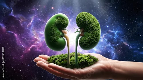 Healthy Green Kidney Plant on Hand with Nebula Background for Medical Advertising and Healthcare Concept