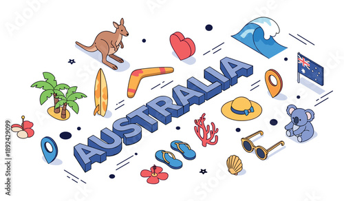 Australia icon set: kangaroo, surfboard, koala, flag, coral, sandals, map pin, shell, palm