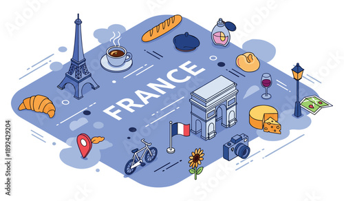 French culture icons: eiffel tower, baguette, arc de triomphe, and more