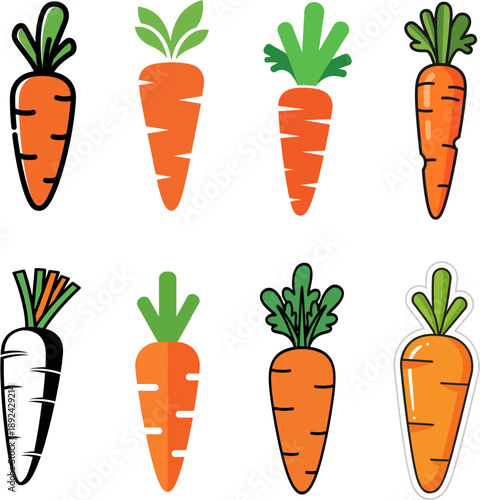 A vibrant collection of eight distinct carrot illustrations, showcasing diverse styles from realistic to cartoonish, perfect for culinary and natural themes