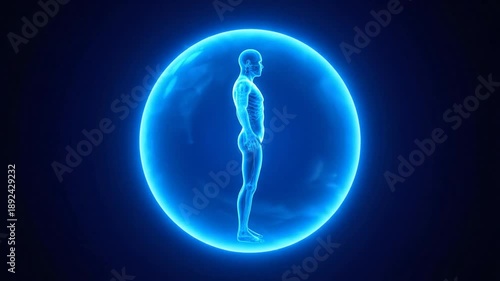 Holographic Human Anatomy Projection in Blue Sphere Rotating on Dark Background Detailed Medical Scan and Virtual