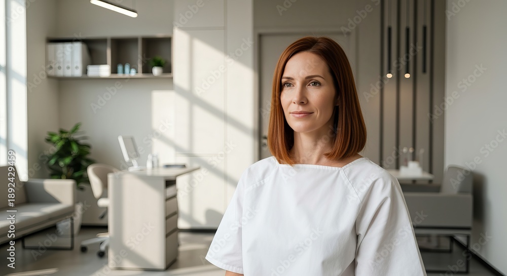 Obraz premium Mature adult woman patiently awaits her gynecological examination in a modern healthcare office.