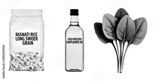 Basmati rice packet, sunflower oil bottle, and spinach leaves