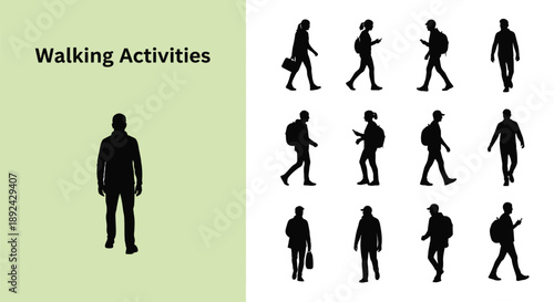Collection of diverse black silhouette icons depicting various people engaging in different walking activities such as commuting or traveling with backpacks and briefcases