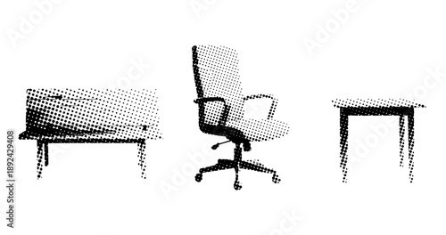 Halftone office furniture set with desk, chair, and table