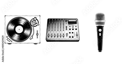 Retro music equipment: turntable, mixer, microphone in halftone style