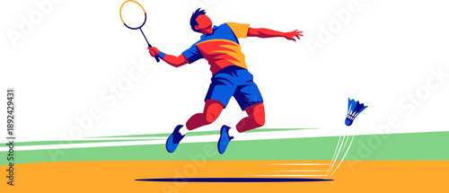 Dynamic illustration of a badminton player executing a powerful smash during a competitive match, capturing the thrill of the sport