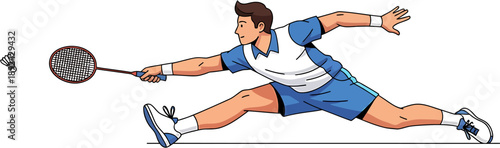 Illustration of a male badminton player executing a powerful smash shot during a game