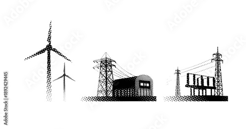 Black and white energy infrastructure: wind turbines and electrical grid structures