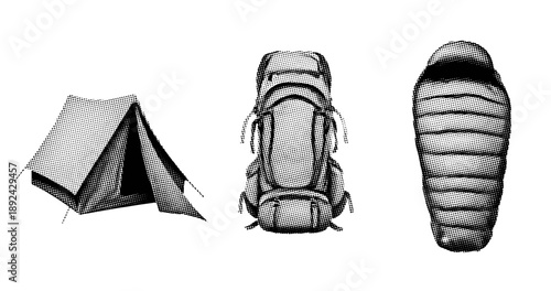 Black and white dot matrix camping gear set: tent, backpack, and sleeping bag