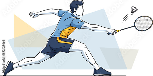 Energetic male badminton player in mid-action, demonstrating a focused return during a fast-paced game or practice session, captured in a vibrant flat design illustration