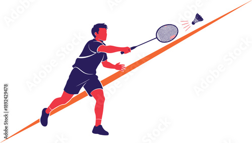 Illustration of a male badminton player hitting a shuttlecock with a racket during a match, capturing dynamic action and athletic movement on a court