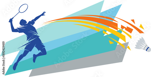 Dynamic badminton player silhouette illustration in action, striking a shuttlecock with speed and agility, showcasing athletic movement and competitive spirit