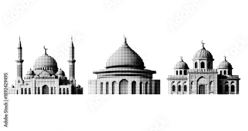 Black and white dot art of famous global mosques and religious structures