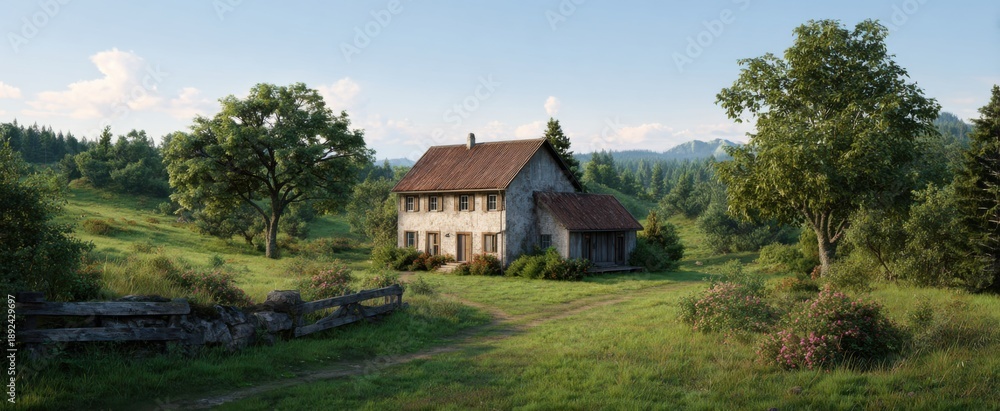 Obraz premium The rustic farmhouse is nestled among verdant fields and trees.