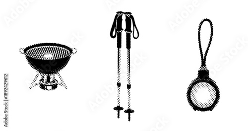 Halftone bbq grill, jump rope, and pocket watch - black and white silhouettes