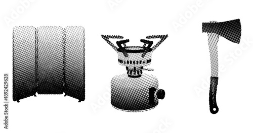 Camping gear essentials: folding screen, portable stove, and axe in halftone style