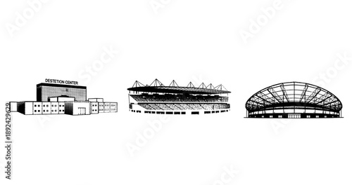 Detention center, stadium, and arena: architectural line art trio
