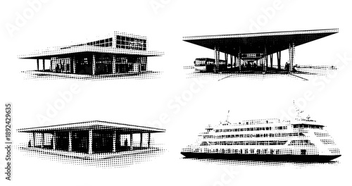 Halftone graphic of modern buildings and ferry with geometric patterns