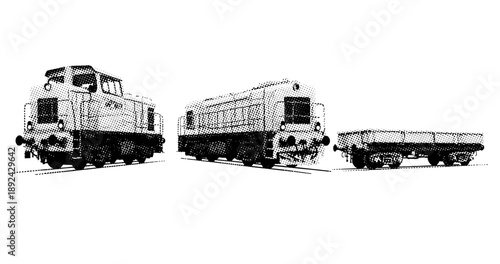 Black and white halftone train illustration with locomotive and wagon