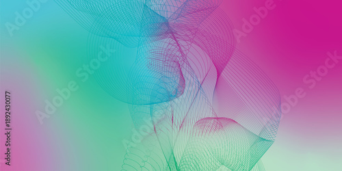 Abstract colorful background featuring soft flowing wave shapes and fine line mesh patterns in pastel cyan, pink, and purple gradients, creating a light airy motion effect, modern elegant abstract