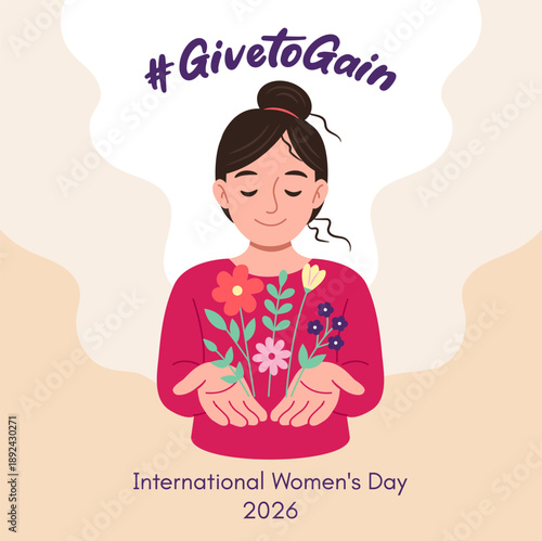 Hashtag give gain to international Womens Day 2026 greeting card or banner template. The woman holds out her hands. 8 march holiday vector.