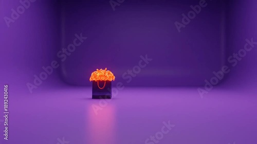 A vibrant, orange, glowing object protrudes from a dark-colored bag, set against a rich purple backdrop