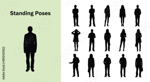 Collection of diverse standing human figure silhouettes illustrating various casual and professional poses suitable for design projects and infographics needing human representation