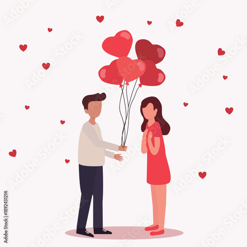 Man Gives Bunch of Balloons in Shape of Heart to Attractive Young Woman. Beautiful Smiling Couple Romantic Proposal. Happy diversity couple on 14 February, Valentines day. Vector illustration