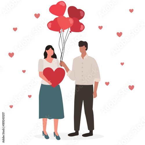 Man Gives Bunch of Balloons in Shape of Heart to Attractive Young Woman. Beautiful Smiling Couple Romantic Proposal. Happy diversity couple on 14 February, Valentines day. Vector illustration